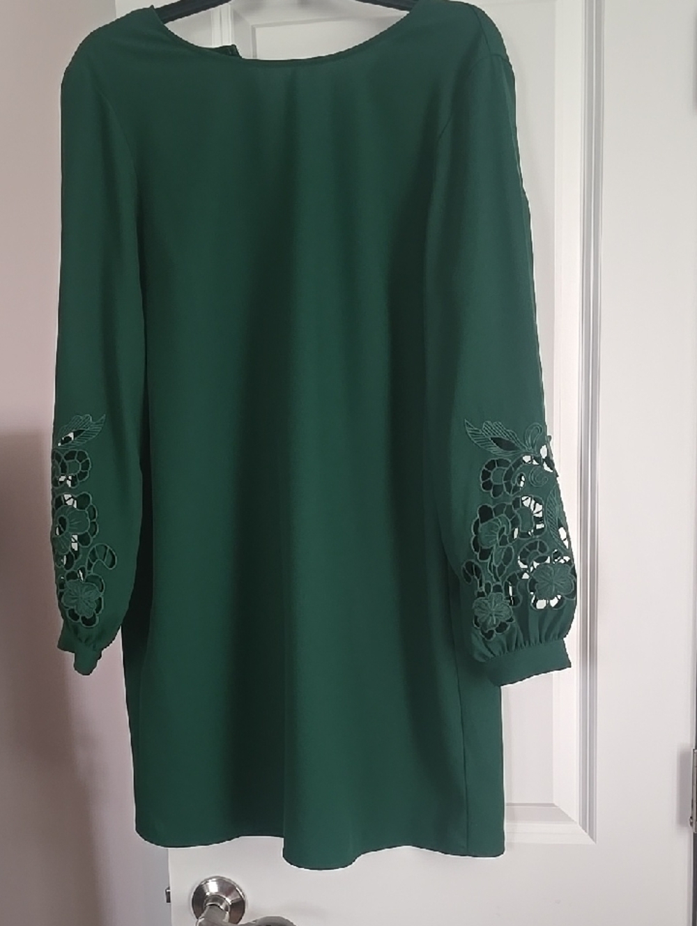 H&M Dark Green Long Sleeve Shift Dress with Floral Cutwork Sleeves
